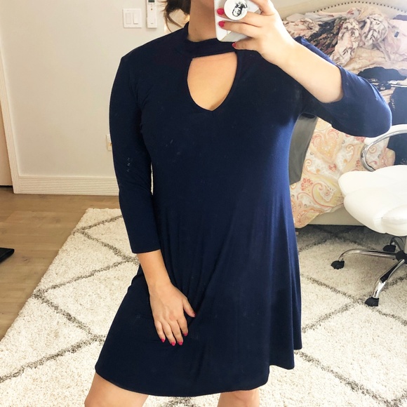 Blue Long Sleeve Neck Cutout Dress - Picture 1 of 4
